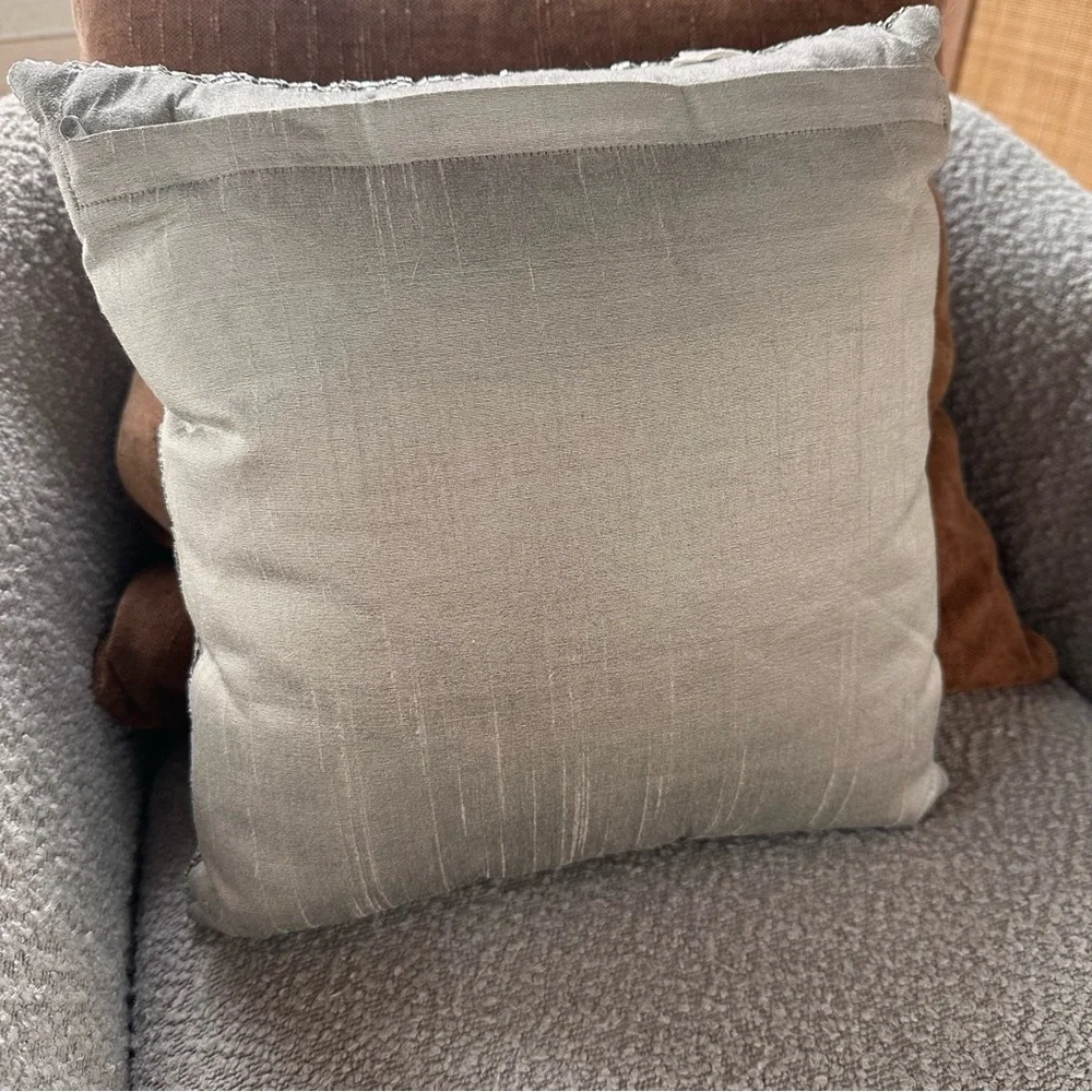 Silver Hand Beaded Silk Decorative Throw Pillow Modern 13 x 13 Square Zippered